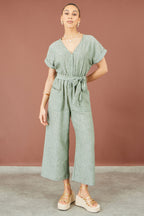 Yumi Green V Neck Kimono Sleeve Jumpsuit