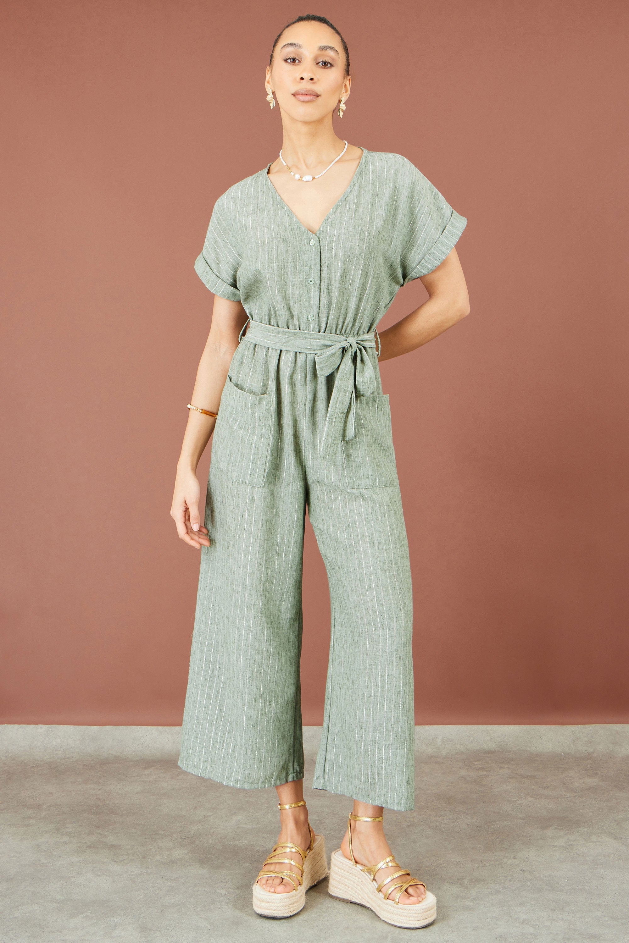 Yumi Green V Neck Kimono Sleeve Jumpsuit