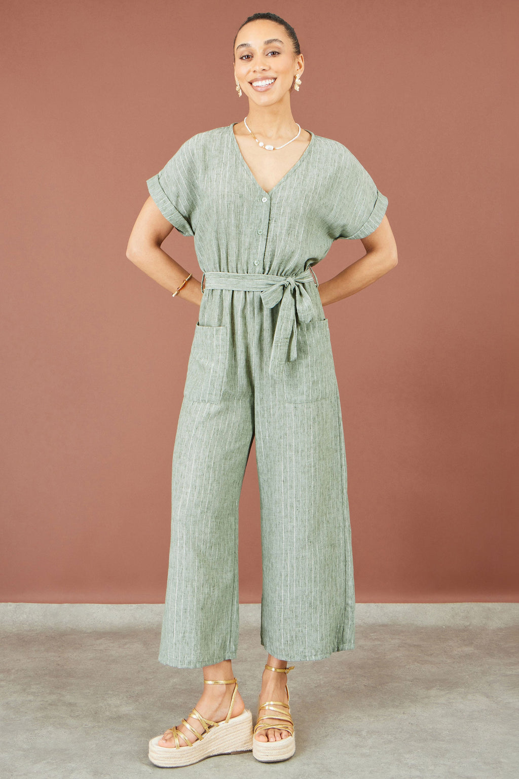 Yumi Green V Neck Kimono Sleeve Jumpsuit