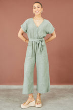 Yumi Green V Neck Kimono Sleeve Jumpsuit