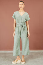 Yumi Green V Neck Kimono Sleeve Jumpsuit