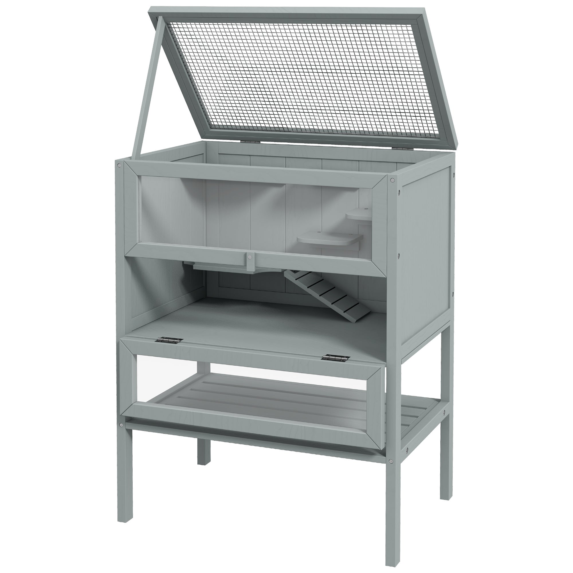 PawHut Wooden Hamster Cage w/ Storage Shelf, Openable Top for Gerbils, Grey