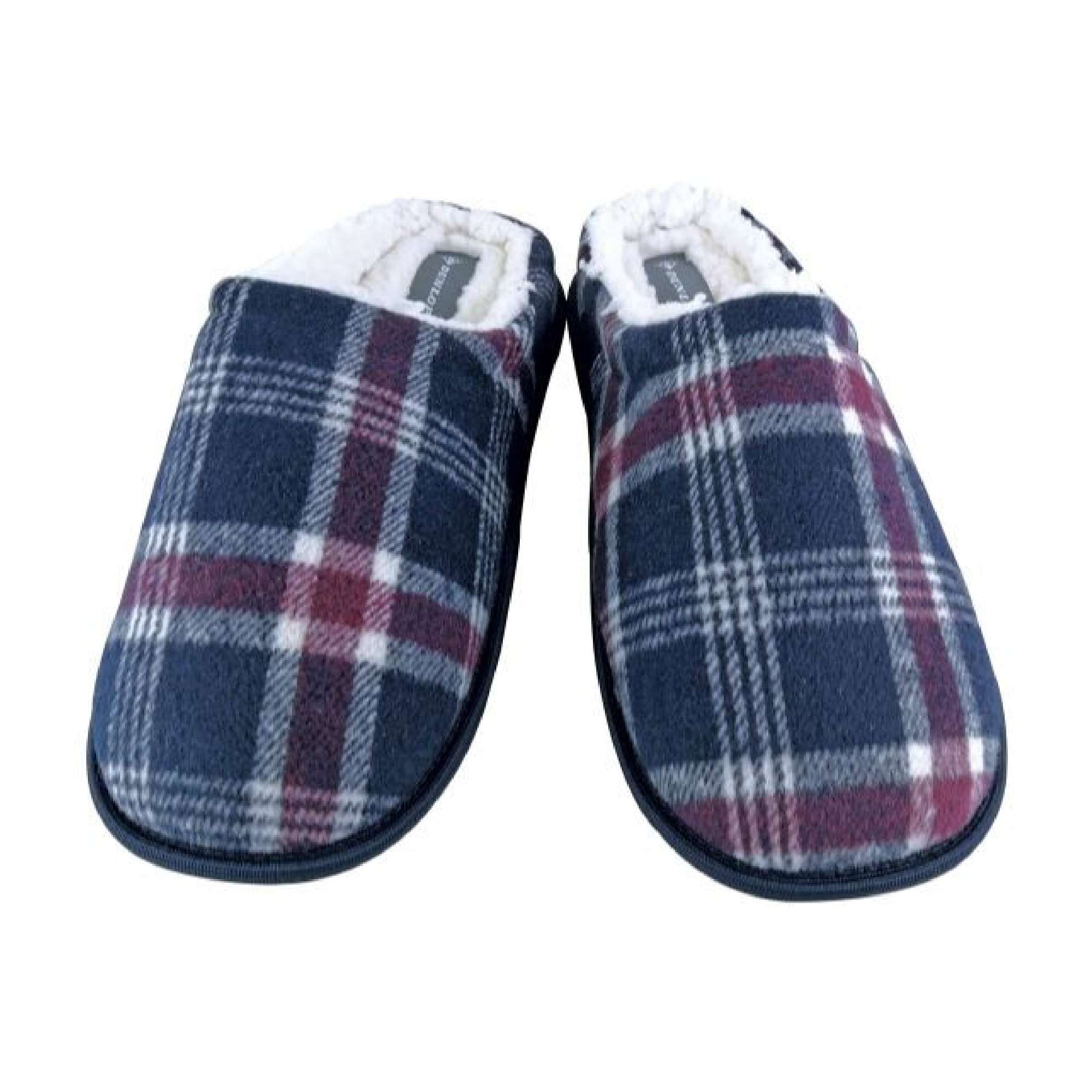 Mens Plush Fleece Lined Slip On Mule Checked Plaid Slippers (6 Sizes)