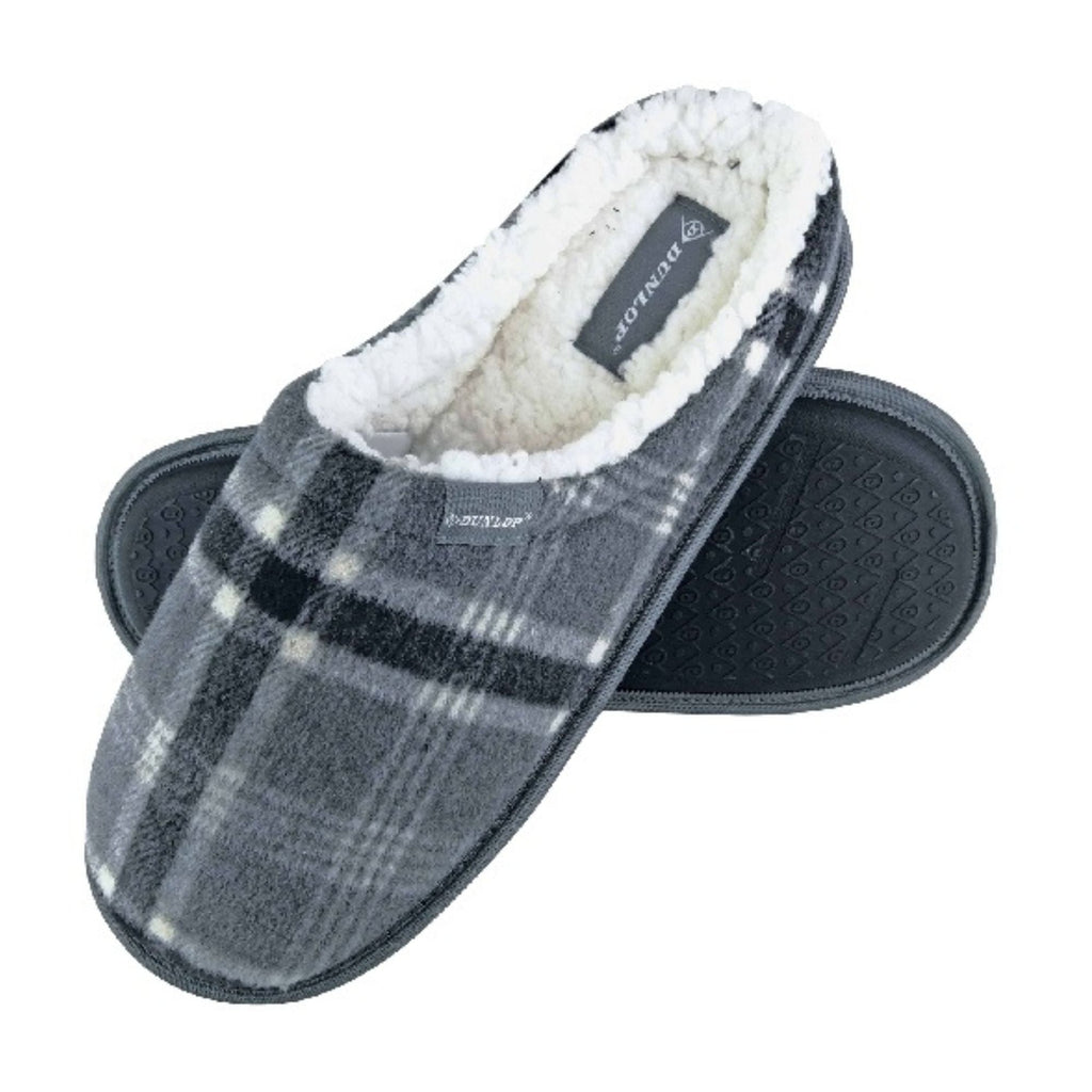 Mens Plush Fleece Lined Slip On Mule Checked Plaid Slippers (6 Sizes)