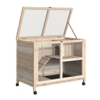 PawHut Rabbit Hutch Indoor Wooden Guinea Pig House Hamster Cage with Wheels, 2 Layers Bunny Cage with Openable Roof, 91.5 x 53.3 x 73 cm, Natural
