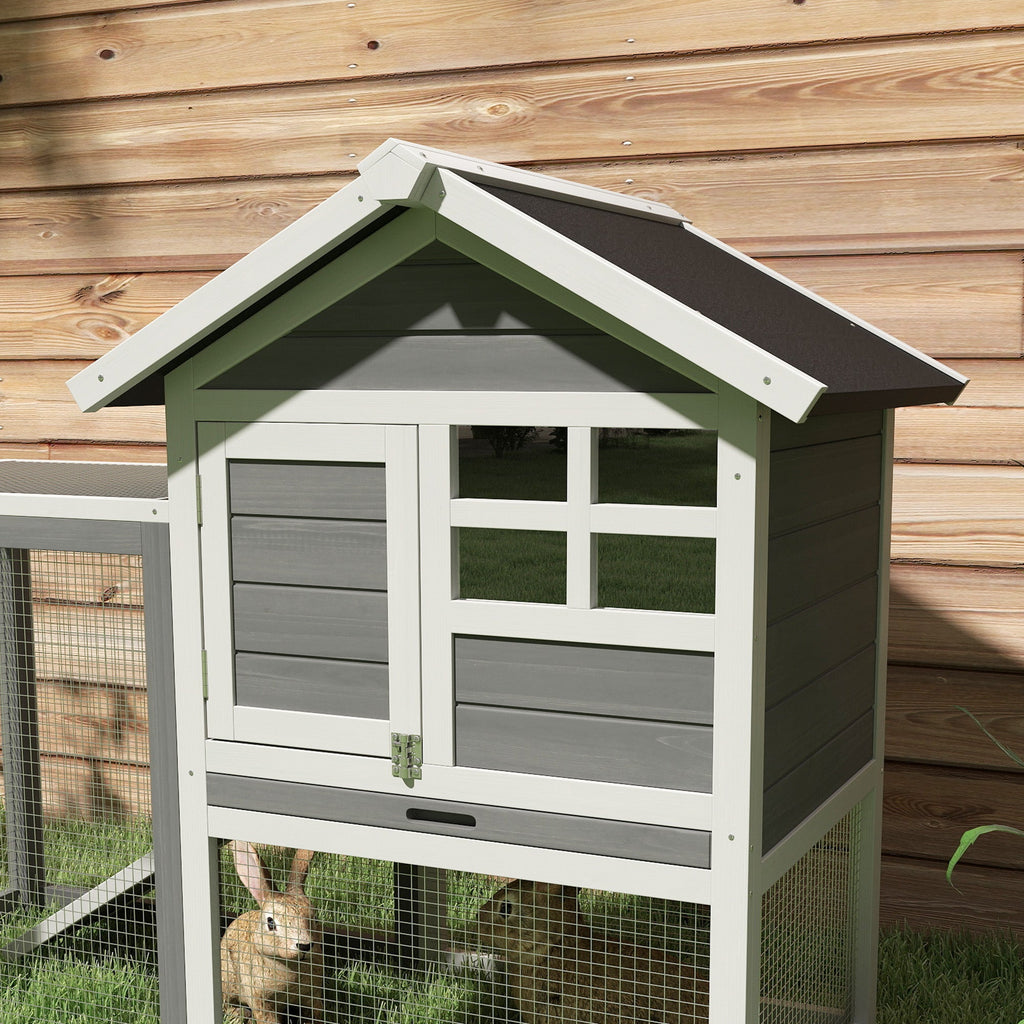 PawHut Rabbit Hutch Outdoor Wooden Guinea Pig Hutch Rabbit Run Bunny Cage Small Animal House Pull-Out Tray, Grey, 122 x 62.6 x 92 cm