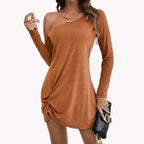 Solid-color Long-sleeve Dress With A Slash Neckline