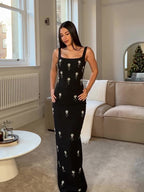 Black Two-piece Beaded Zipper Top & Skirt Set
