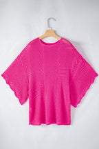 Green Pointelle Knit Scallop Trim Blouse Women UK