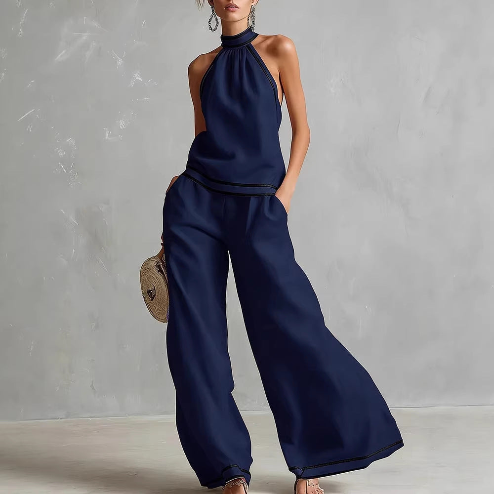 Womens Striped Patchwork Halterneck Sleeveless Wide-Leg Pants Set