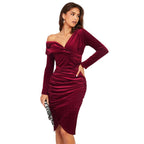 Burgundy V-Neck One-Shoulder Halter Design Midi Dress Evening Gown