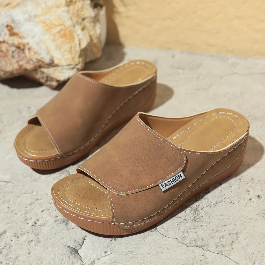 Summer Wedge Slides Slippers Fashion Fish Mouth Thick Bottom Roman Shoes Solid Color Beach Sandals For Women