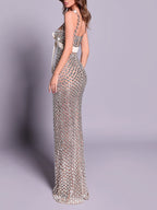 Crystal-Embellished Maxi Dress With White Bow Detail