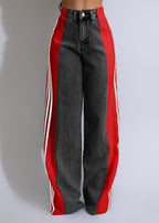 Fashion Casual High Waist Elastic Straight Leg Trousers Three Stripe Patchwork Denim Wide Leg Pants Streetwear