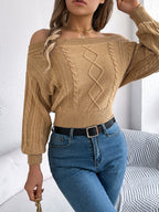 Women Casual Solid Color Off-Shoulder V-Neck Long Sleeve Pullover Sweater