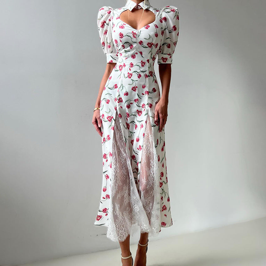 New Summer Design Elegant Lace-embellished, Waist-cinching Maxi Dress