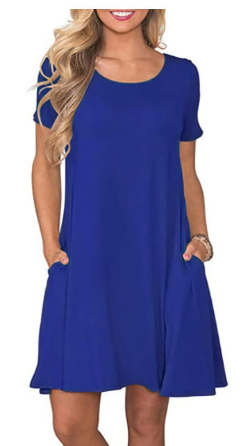 New Women's Round-neck Solid-color Casual Short-sleeve Swing Dress With Pockets