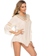 Hollowed-out Backless Beach Cover-up With Colorful Pom-poms And Tassels