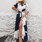 Women's Casual Printed Dress With A Turn-down Collar And Cinched Waist
