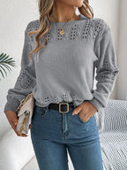 Women Casual Solid Color Hollow Out Lantern Sleeve Pullover Sweater