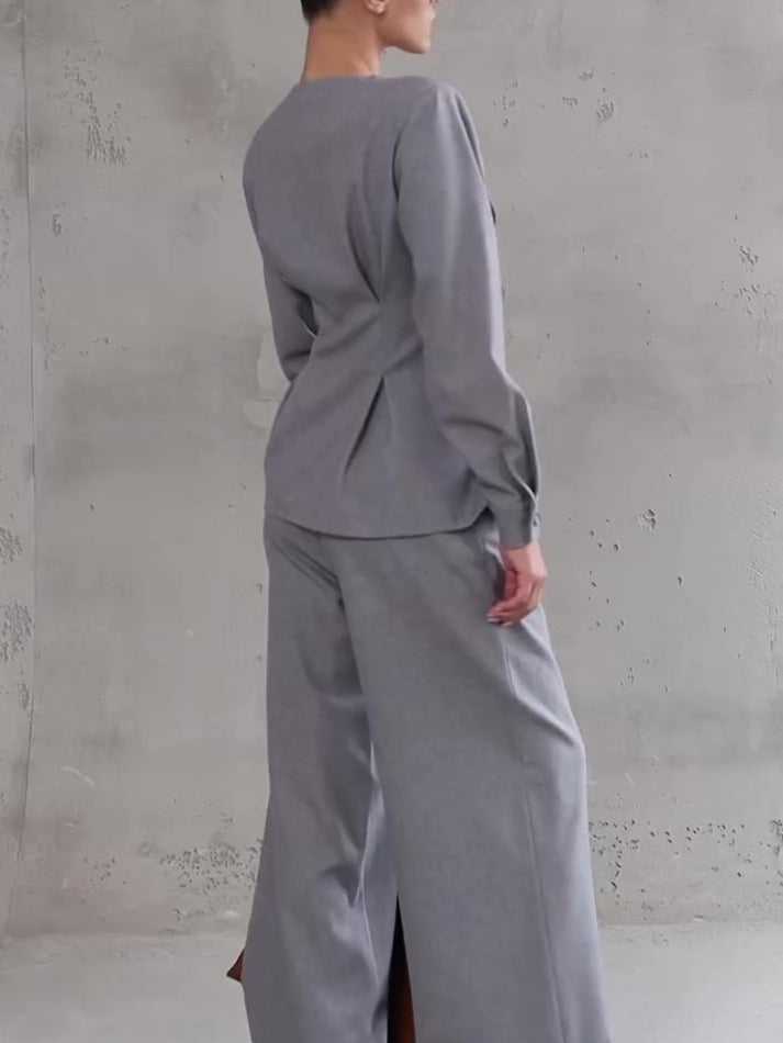 Light Gray V-Neck Asymmetrical Button Top & Wide-Leg Pants Set