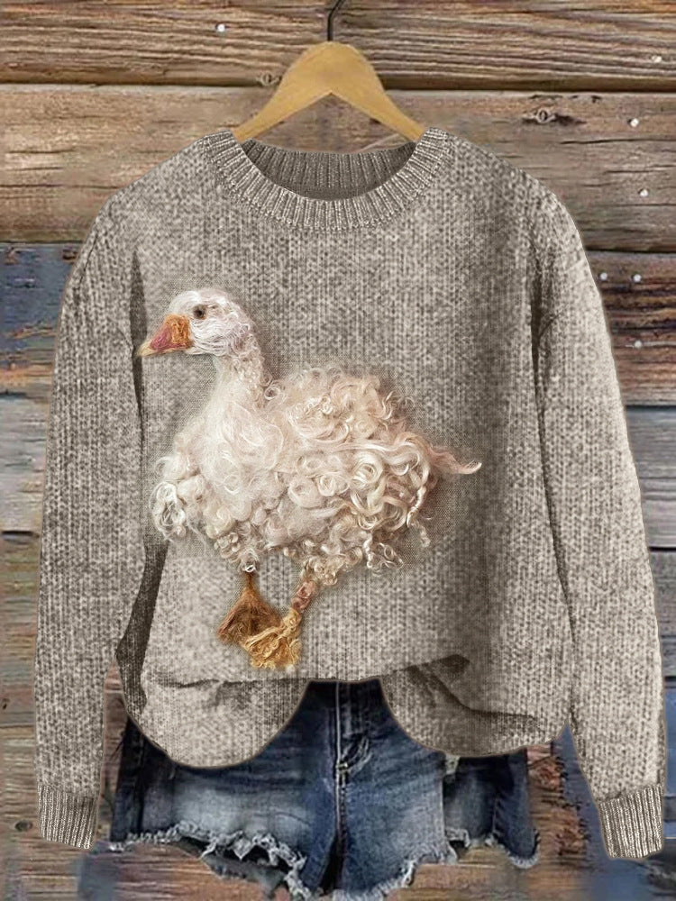 Digital-print Rabbit Amidst A Floral Meadowartistic Outfit Warm Chunky-knit Crewneck Hoodie