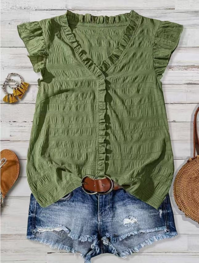 New Women's V-neck Ruffled Short-sleeve Blouse Loose-fit Figure-flattering Top With Lace Detailing