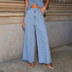 Denim Vest Suits Fashion Sleeveless Button Tops And Wide Leg Straight Pants With Pockets Women's Trousers Set