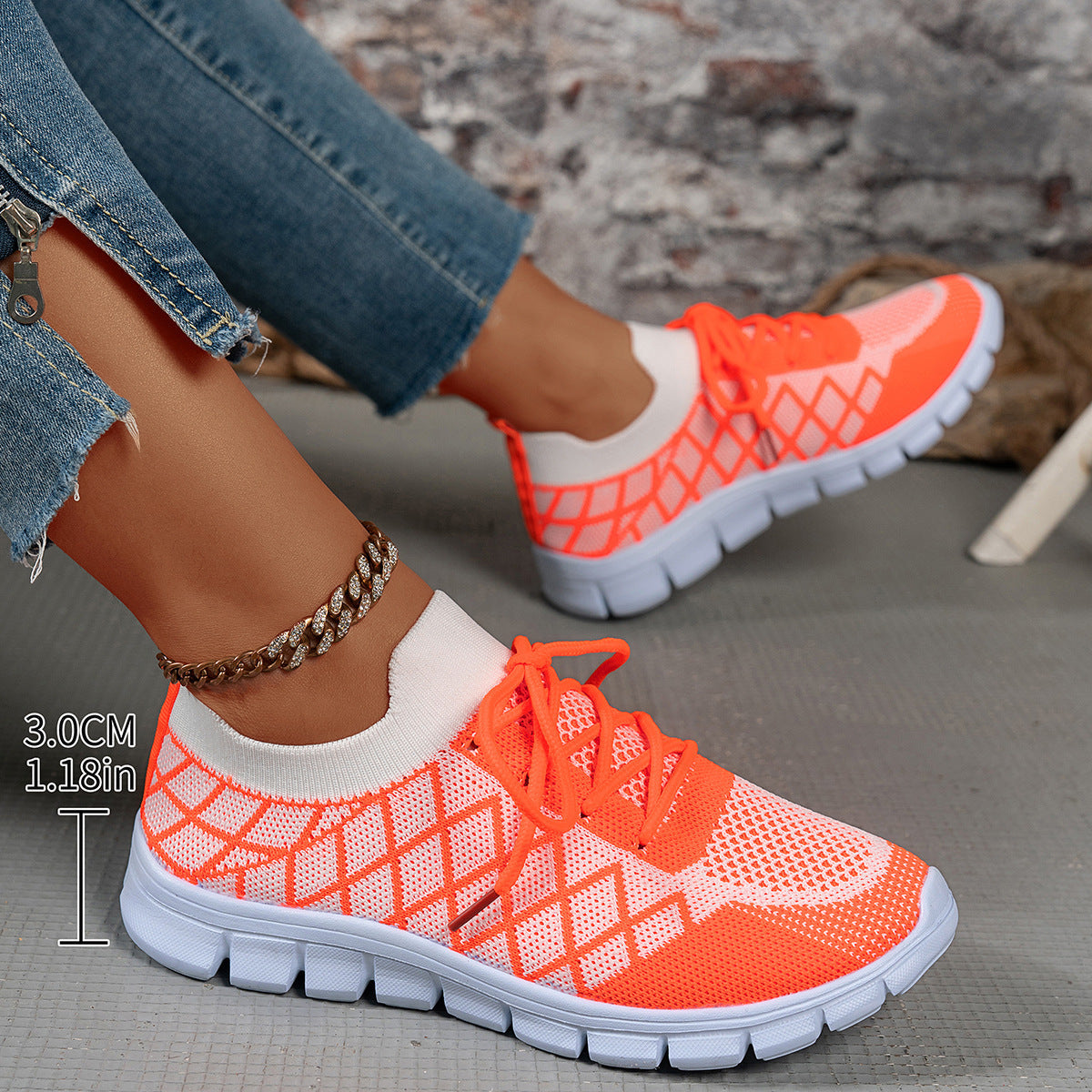 Women's Color block Plaid Fly knit Sneakers – Breathable Lace-Up Mesh Running & Walking Shoes