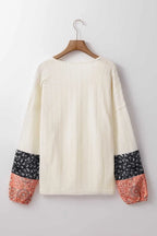 Floral Patchwork V-Neck Lace-Up Knit Blouse Women UK