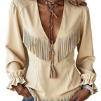 Women's Casual V-Neck Knitted Solid-Color Tassel Jacket