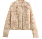 Pocket-button Knitted Women's Round-neck Ingot Sweater Coat