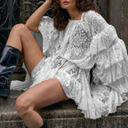 New Autumnwinter Lace Sheer Ruffled Long-sleeve Cropped Dress