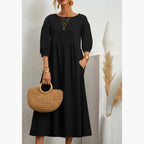 Summer Short-sleeved Dress With Pockets Fashion Solid Round Neck A-line Dresses For Women Clothing