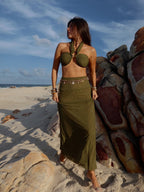 Olive Green Strappy Cropped Top & Hip-hugging Skirt Set