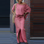Two-piece Skirt Suits Fashion Loose Bat-sleeved Short Sleeve Top And Slim Fit Slit Maxi Skirt Patchwork Chic Outfit Women's Clothing