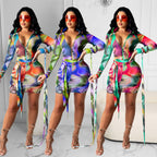 Sexy Women Mesh See-Through Printed Dress With Bandage