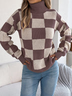Women's High Neck Color-Blocked Plaid Lantern Sleeve Sweater