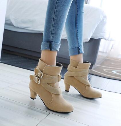 Women's Suede Ankle Boots | High Heel Martin Boots with Buckle & Side Zip