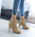 Women's Suede Ankle Boots | High Heel Martin Boots with Buckle & Side Zip