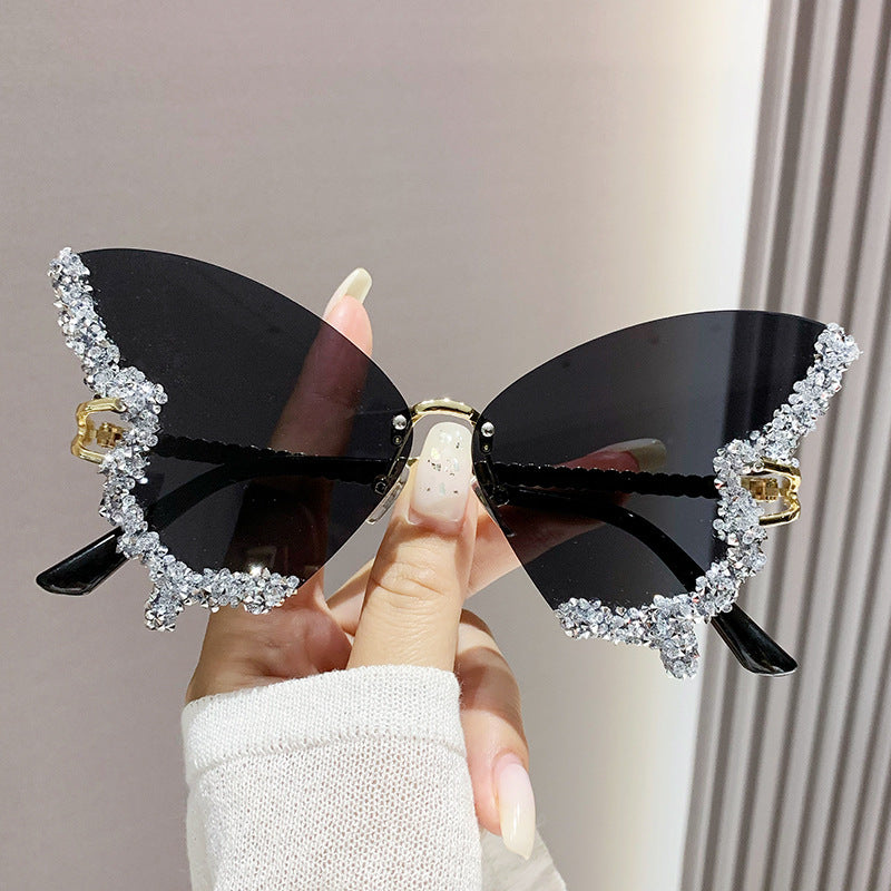 Luxus Diamant Schmetterling Sonnenbrille Damen Marke Y2K Vintage Randlose Oversized Sonnenbrille Damen Brillen Shades