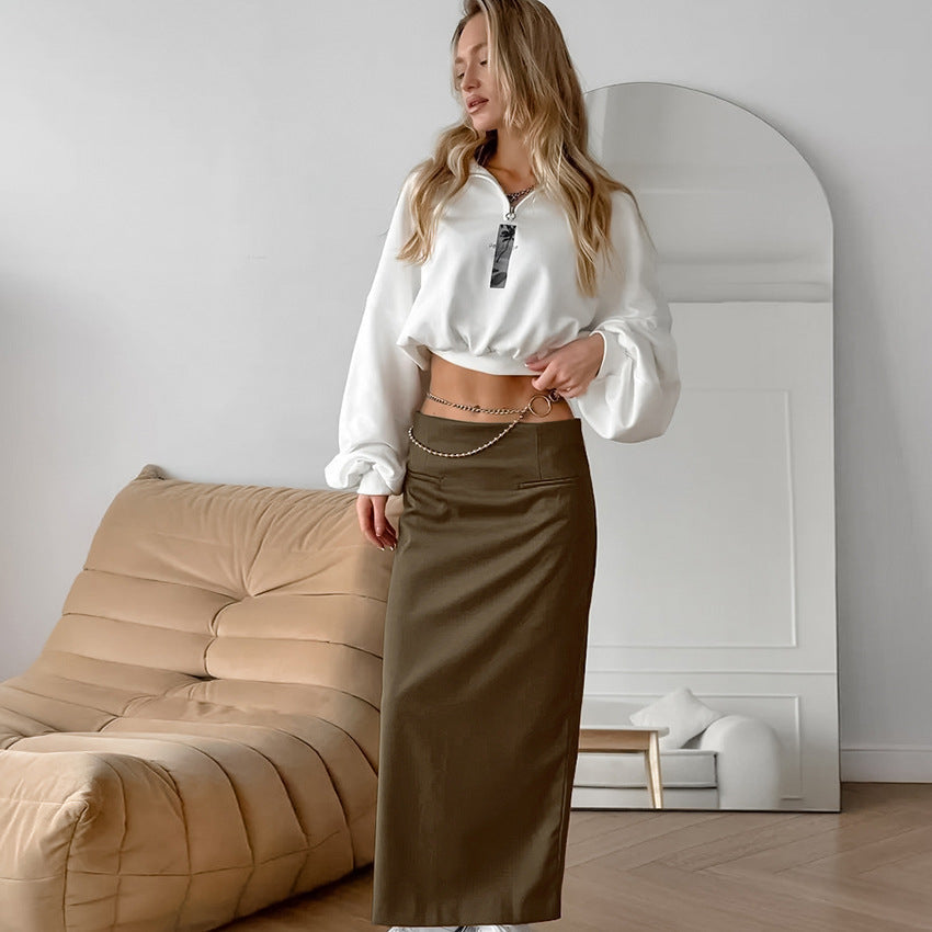French-style Sophisticated Solid-color High-waisted Skirt With A Slit