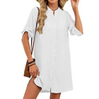 V-neck Shirt-sleeve Button-down Dress For Women