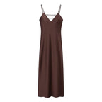 Golden Holiday Party Dress Silk Satin Texture Midi Skirt Sling Dress