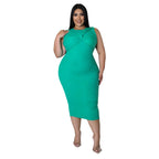High-elasticity Ribbed Sophisticated Plus-size Dress With Sleeveless Design And Round Neckline