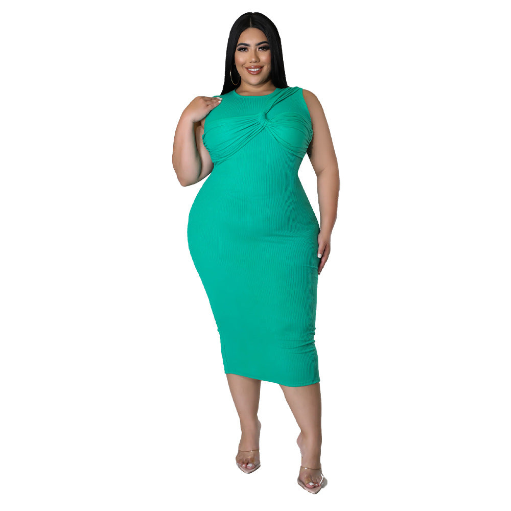 High-elasticity Ribbed Sophisticated Plus-size Dress With Sleeveless Design And Round Neckline