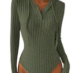 Autumn New Knitted And Emerized Sunken Stripe Hooded Solid Color Jumpsuit
