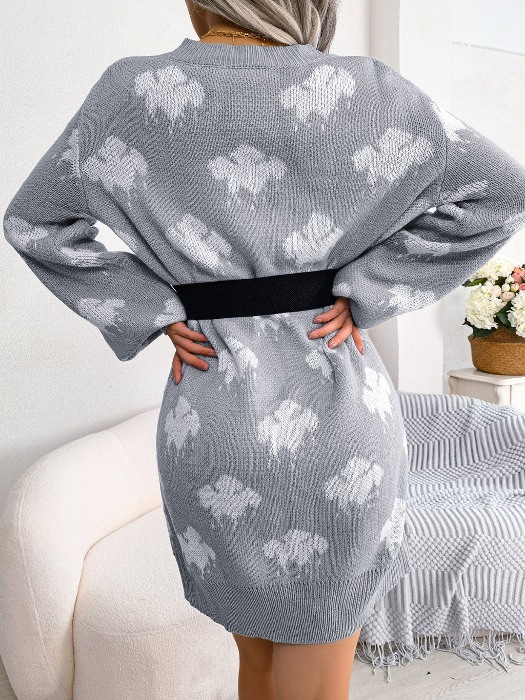 Women's Color-Blocked Cloud Lantern Sleeve Knitted Slip Dress