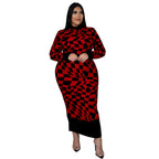 Women's Crew-Neck Plaid Printed Long-Sleeve Elegant Dress