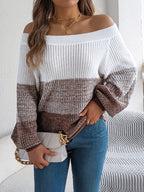 Women Casual Color Block Off-Shoulder Lantern Sleeve Pullover Sweater